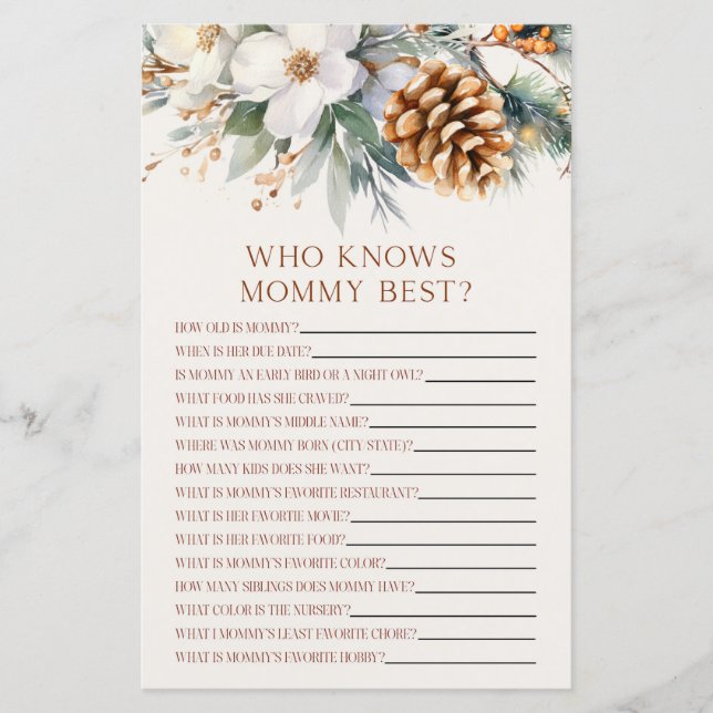 Pine Tree Floral Who Knows Mommy Baby Shower Game (Front)