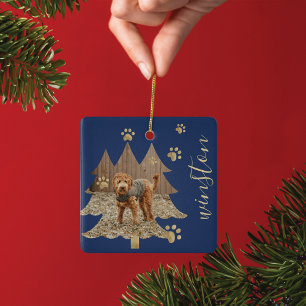 Pine Tree Forest Custom Pet Photo & Name Paw Print Ceramic Ornament