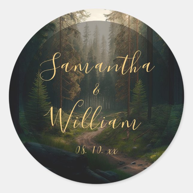 Pine Tree Forest Green Woodland Wedding Classic Round Sticker (Front)