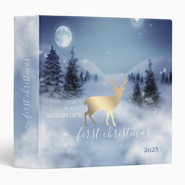 Pine Tree Forest,Landscape,Gold Reindeer 3 Ring Binder (Front/Spine)