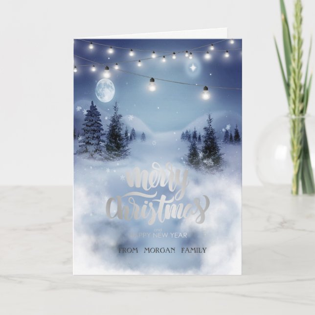 Pine Tree Forest,Landscape,String Lights Holiday Card (Front)