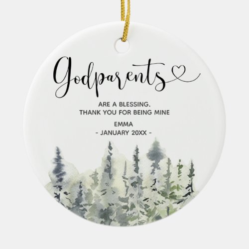 Pine Tree Forest Personalized Godparents Christmas Ceramic Ornament