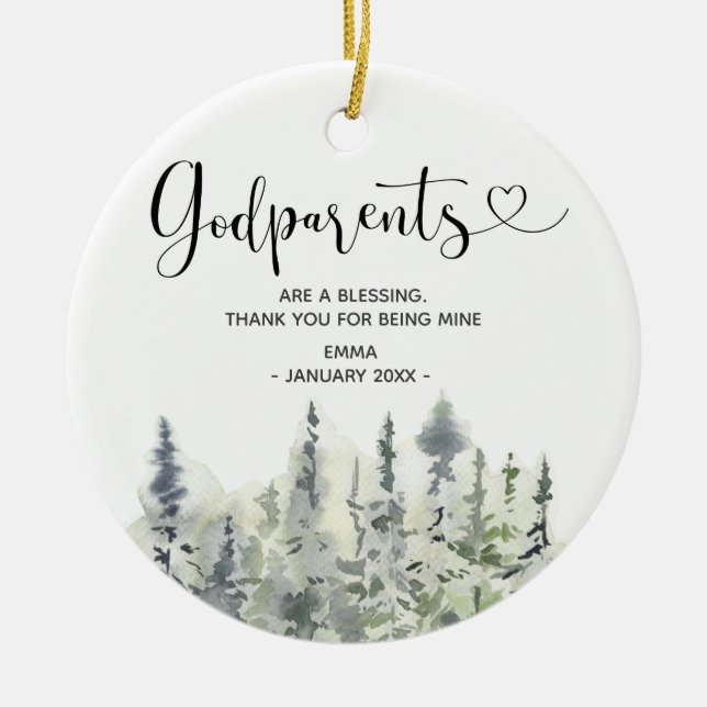 Pine Tree Forest Personalized Godparents Christmas Ceramic Ornament (Front)