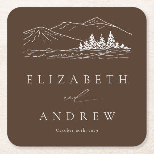 Pine Tree Forest Rustic Mountains Wedding Square Paper Coaster