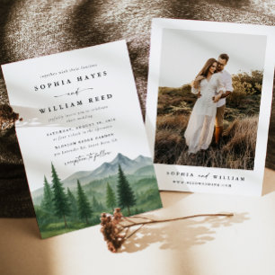 Pine Tree Forest Rustic Watercolor Photo Wedding Invitation