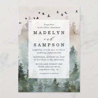 Pine Tree Forest Rustic Watercolor Themed Wedding Invitation
