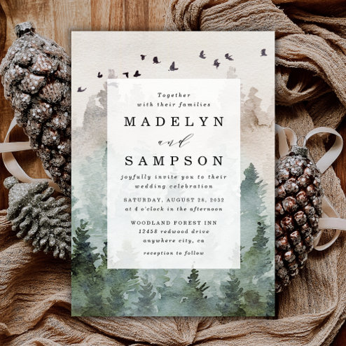 Wedding Invitations - Pink Dramatic personalized gifts for you Rustic watercolor pine tree forest wedding invitation