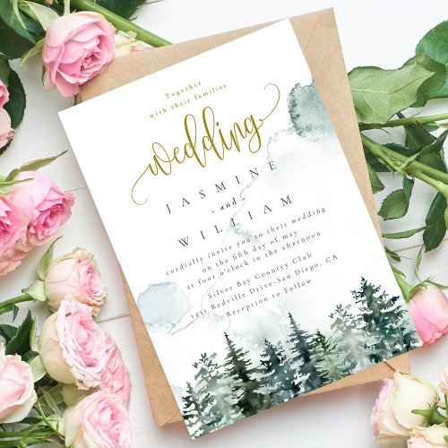 Pine Tree Forest Rustic Watercolor Themed Wedding  Invitation