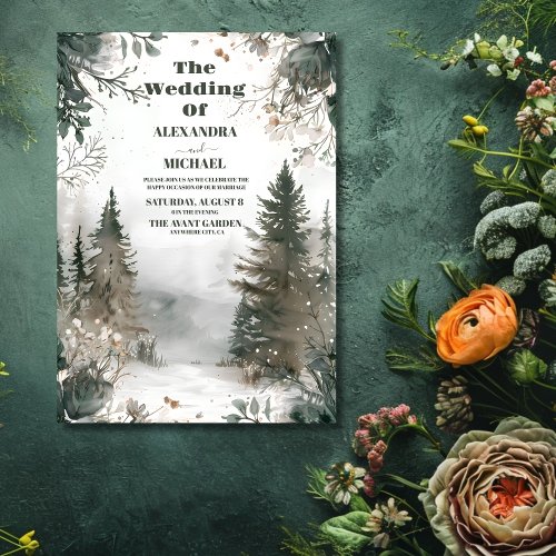 Pine Tree Forest Rustic Watercolor Themed Wedding Invitation