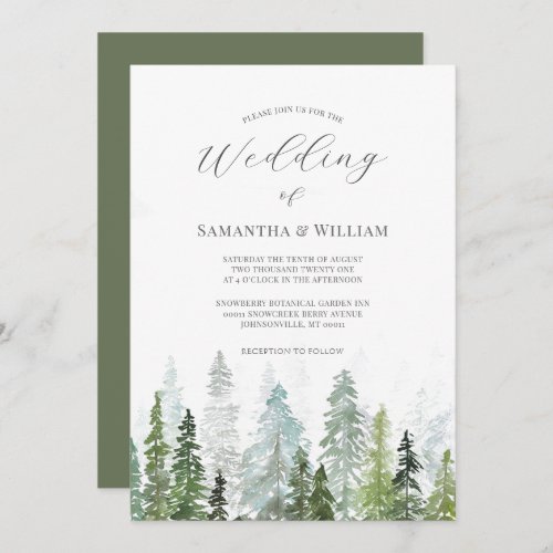  Pine Tree Forest Rustic Watercolor Themed Wedding Invitation