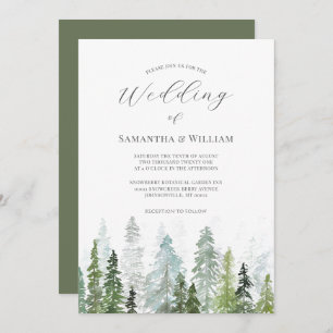 Pine Tree Forest Rustic Watercolor Themed Wedding Invitation