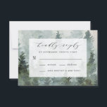 Pine Tree Forest Rustic Watercolor Themed Wedding RSVP Card<br><div class="desc">Design features a woodsy evergreen pine tree watercolor background.  Design also features a modern typography layout with elegant fonts. Back features a dark or hunter green printed watercolor wash/splash design to compliment the front. View the matching collection on this page to find coordinating items in this design.</div>