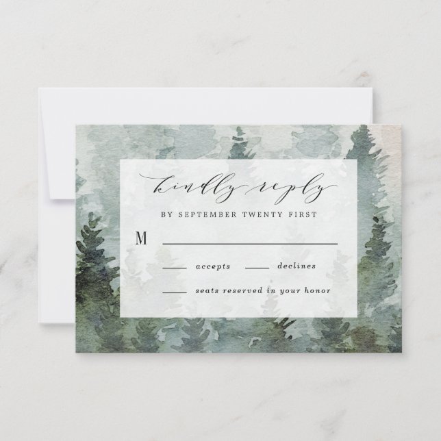 Pine Tree Forest Rustic Watercolor Themed Wedding RSVP Card (Front)