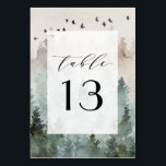 Pine Tree Forest Rustic Watercolor Themed Wedding Table Number<br><div class="desc">Design features a woodsy evergreen pine tree watercolor background with painted birds at the top.  Design also features a modern typography layout with elegant fonts. View the matching collection on this page to find coordinating items in this design.</div>