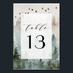 Pine Tree Forest Rustic Watercolor Themed Wedding Table Number<br><div class="desc">Design features a woodsy evergreen pine tree watercolor background with painted birds at the top.  Design also features a modern typography layout with elegant fonts. View the matching collection on this page to find coordinating items in this design.</div>