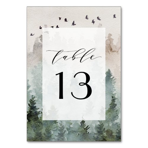 Pine Tree Forest Rustic Watercolor Themed Wedding Table Number