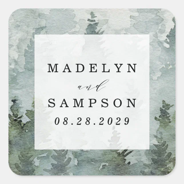 Pine Tree Forest Rustic Watercolor Wedding Favor Square Sticker | Zazzle