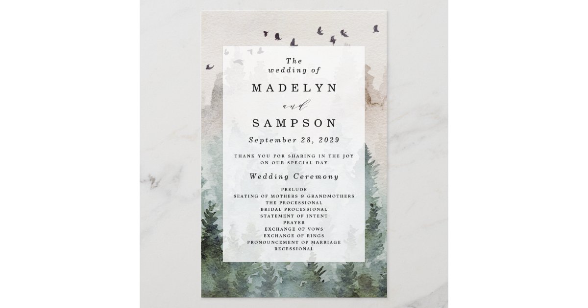 Pine Tree Forest Rustic Watercolor Wedding Program Zazzle Com