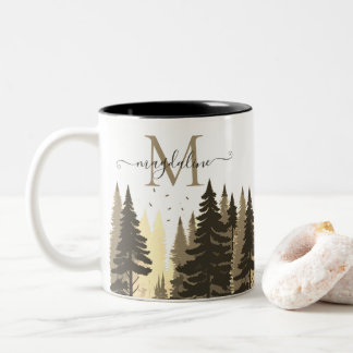  Pine Tree Forest Script Name Monogram Two-Tone Coffee Mug