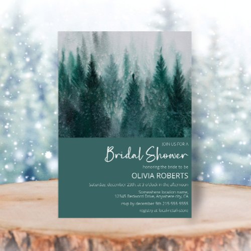 Pine Tree Forest Watercolor Green Bridal Shower Invitation