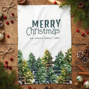 Pine Tree Forest with Snow Watercolor Christmas Kitchen Towel