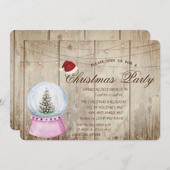 Pine Tree,Globe,String Lights,Wood Texture  Invitation (Front/Back)