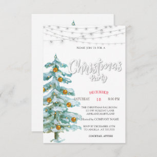 Pine Tree,Gold Balls, Lights Christmas Party Invitation
