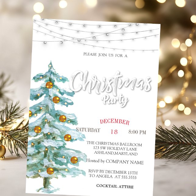 Pine Tree,Gold Balls, Lights Christmas Party Invitation (Creator Uploaded)