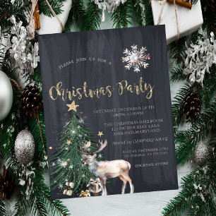 Pine Tree,Gold Stars Reindeer,Snowflake Christmas Invitation
