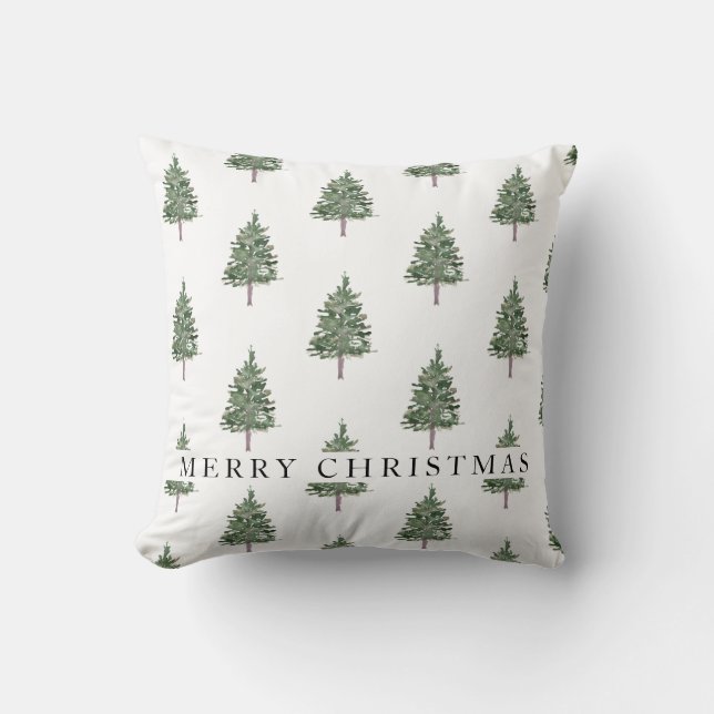 Pine tree Green and white Merry Christmas Throw Pillow (Front)
