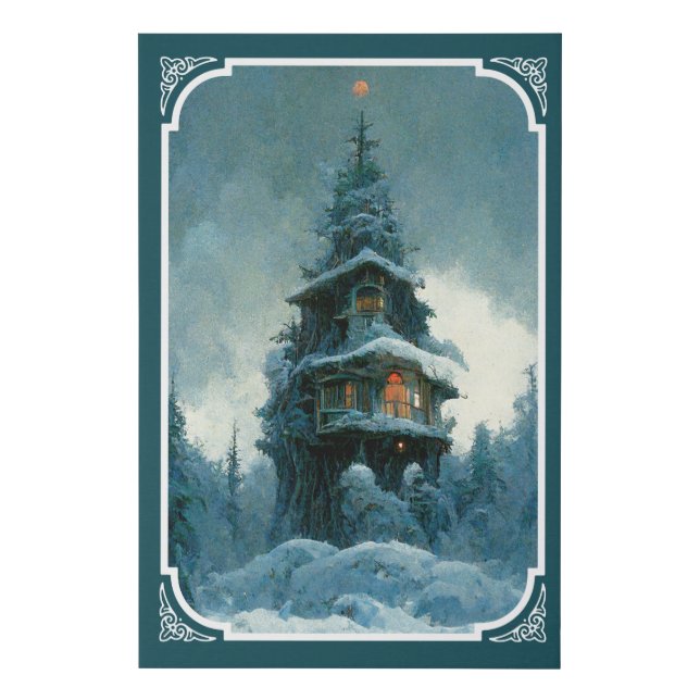 Pine Tree House In Winter | Christmas Tree Faux Canvas Print (Front)