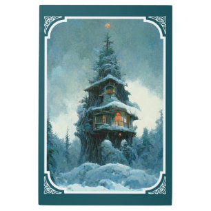 Pine Tree House In Winter Christmas Tree Metal Print