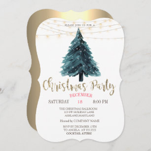Pine Tree,Lights Gold Christmas Company Party Invitation