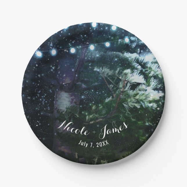 Pine Tree & Lights Winter Night Forest Wedding Paper Plates (Front)