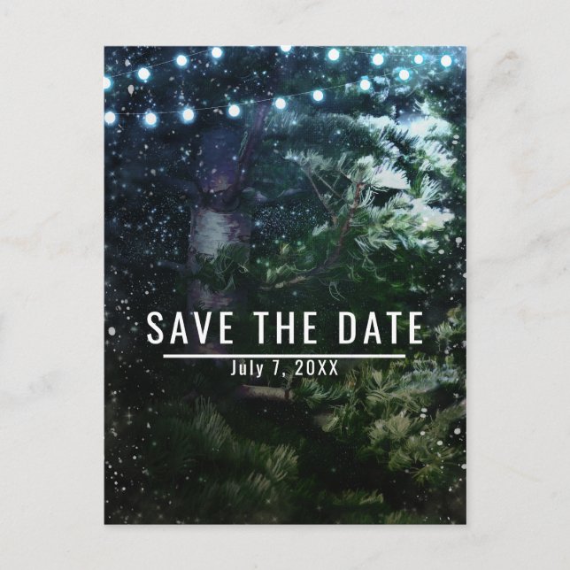 Pine Tree & Lights Winter Wedding Save the Date Announcement Postcard (Front)