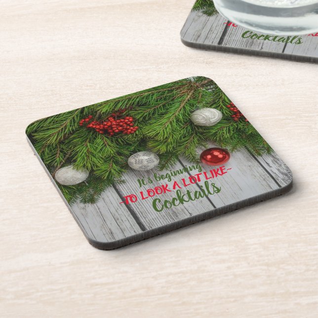 Pine Tree Limb Bulbs Berries Beverage Coaster (Left Side)