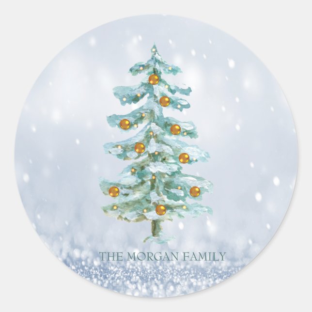 Pine Tree Merry Blue Bokeh Classic Round Sticker (Front)