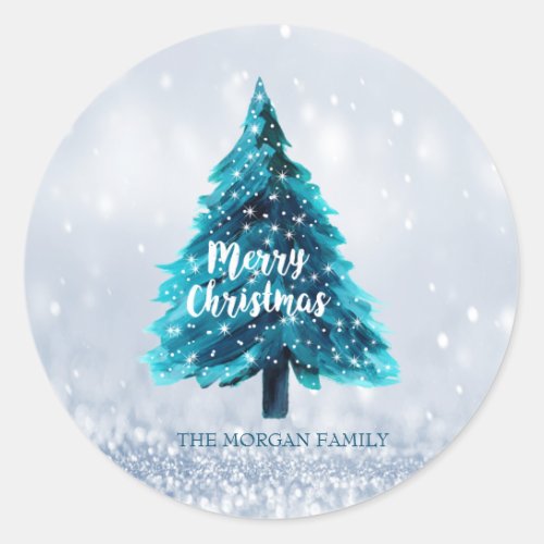 Pine Tree Merry Christmas Blue Holiday Classic Round Sticker