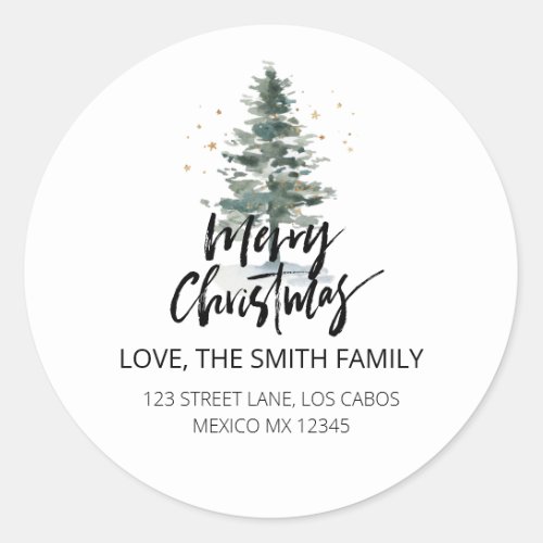 Pine Tree Merry Christmas Holiday Return Address Classic Round Sticker