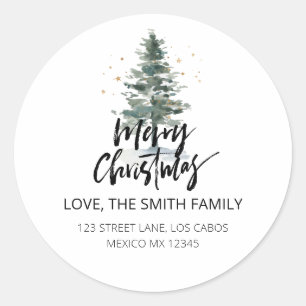 Pine Tree Merry Christmas Holiday Return Address Classic Round Sticker