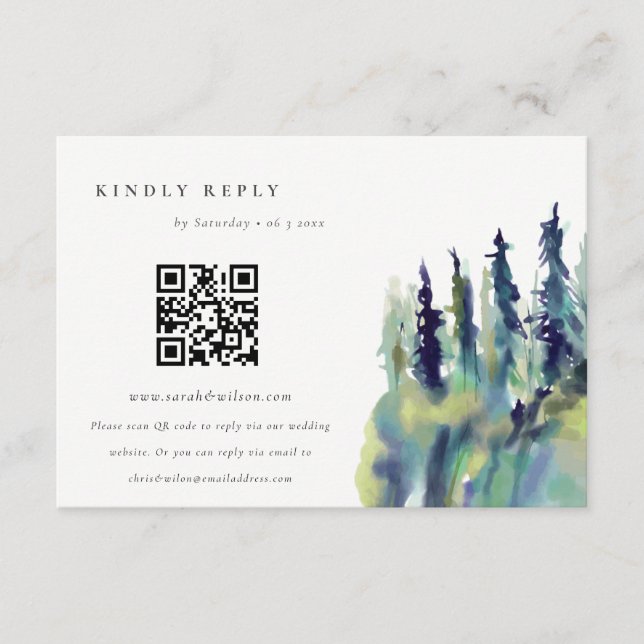 Pine Tree Mountain Landscape Wedding QR Code RSVP Enclosure Card (Front)