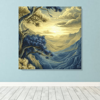 Pine Tree on a Rocky Cliff, Stylized Landscape Canvas Print