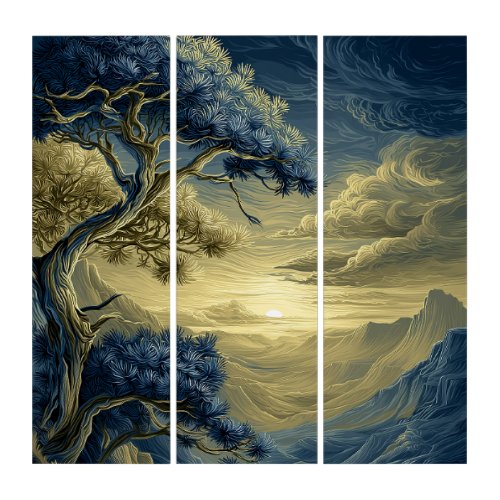 Pine Tree on a Rocky Cliff, Stylized Landscape Triptych