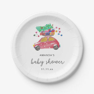 Pine tree on red car Baby shower Paper Plates