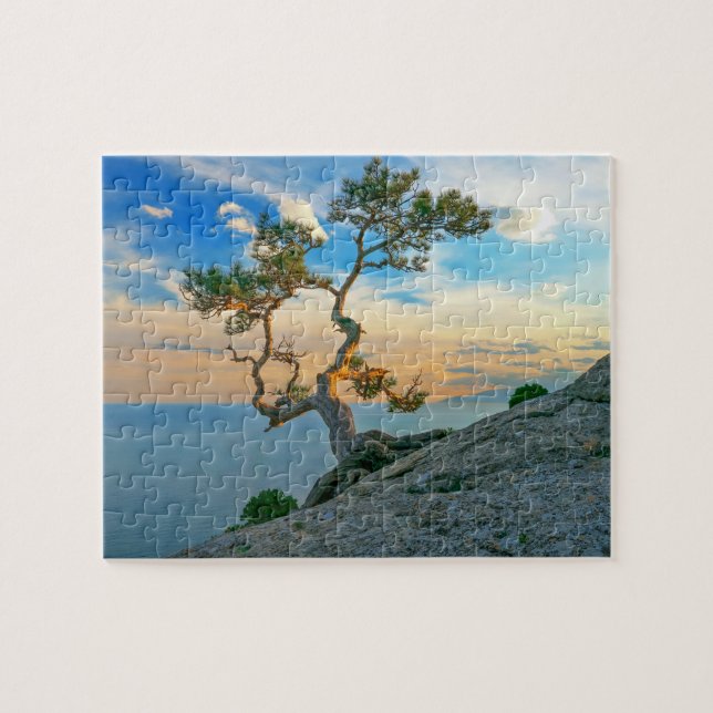 Pine Tree On Rocks Nature Landscape Ocean Sunset Jigsaw Puzzle (Horizontal)