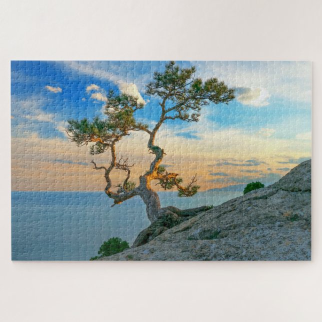 Pine Tree On Rocks Nature Landscape Ocean Sunset Jigsaw Puzzle (Horizontal)