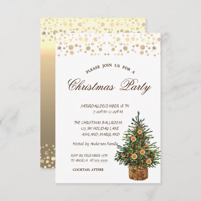Pine Tree Orange,Gold Dots Christmas Party Invitation (Front/Back)