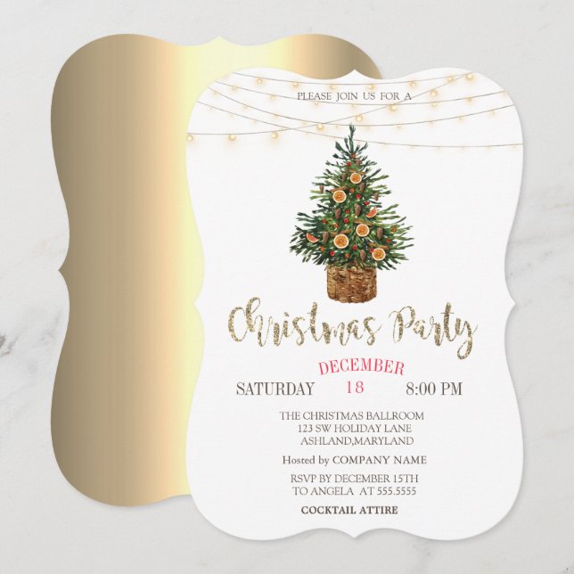 Pine Tree,Orange,Lights Gold Christmas Party Invitation (Front/Back)