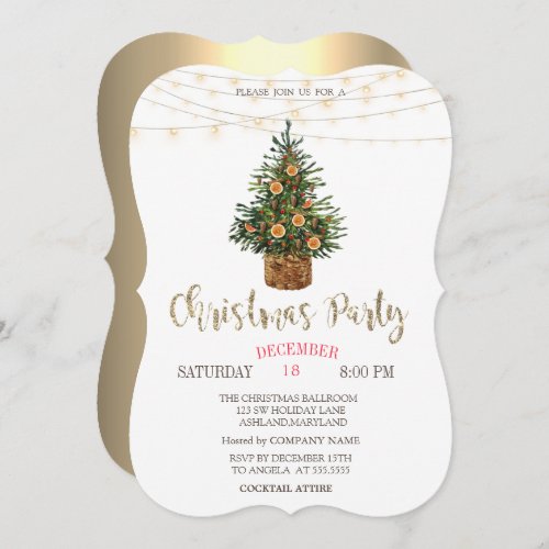 Pine TreeOrangeLights Gold Christmas Party Invitation