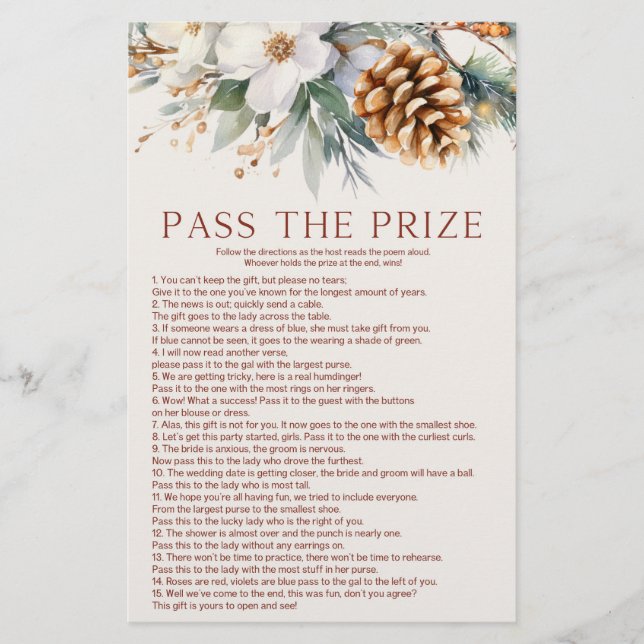 Pine Tree Pass The Prize Bridal Shower Game  Stationery (Front)